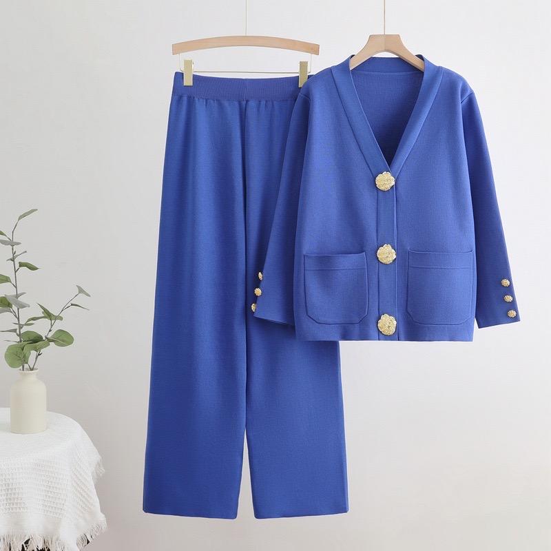 

Осінньо-зимові елегантні жіночі комплекти з 2 предметів: светр з V-подібним вирізом, кардиган, пальто, топи, ансамбль, штани до щиколотки з високою посадкою та широкими штанинами, вбрання One Size синій