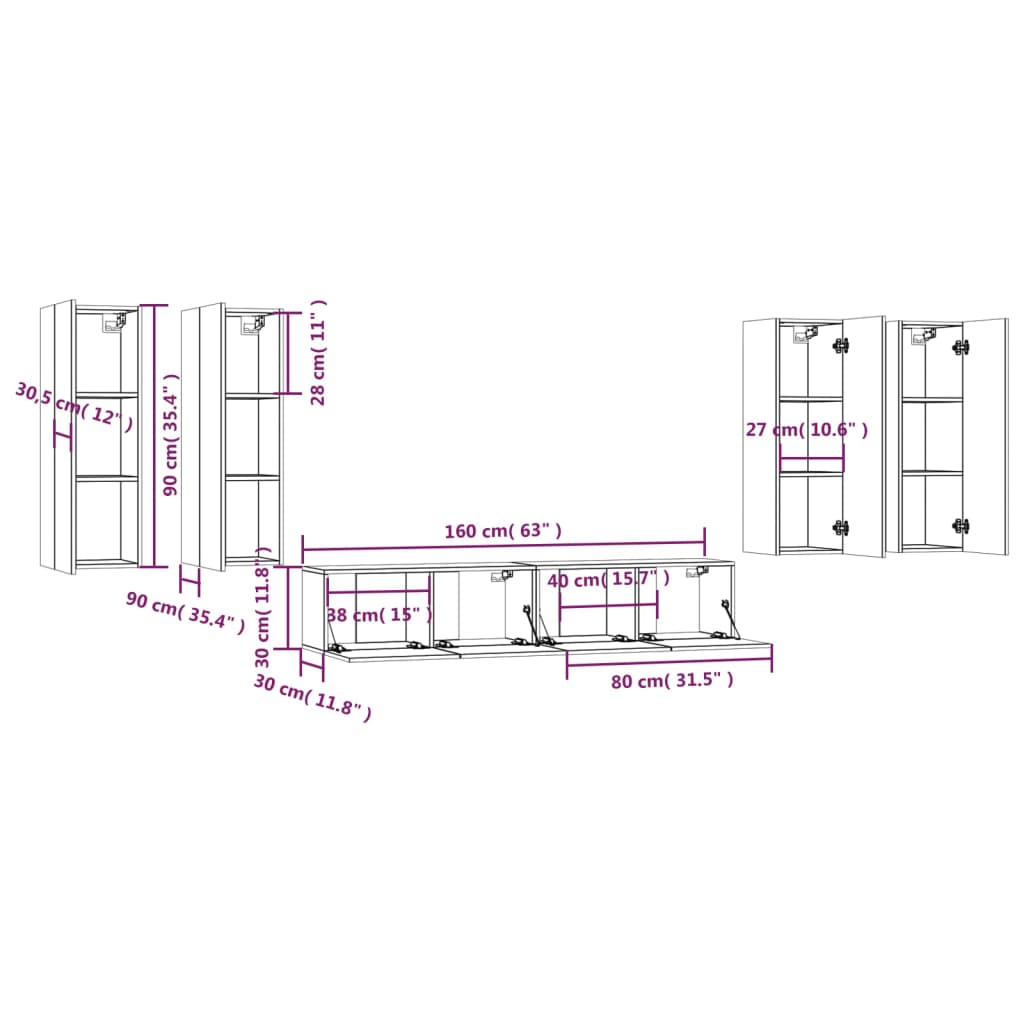 6 Piece TV Cabinet Set White Particleboard
