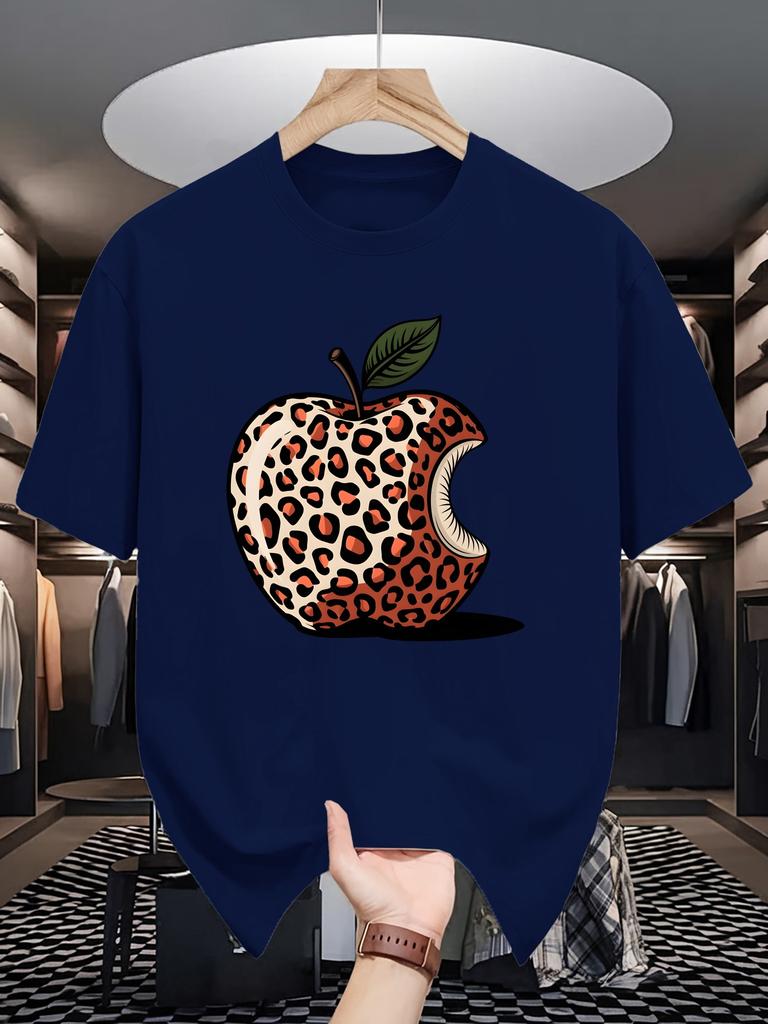 Unisex Crew Neck Tee Leopard Print Bitten Apple Art Graphic Print Soft Cotton Loose Short Sleeve Summer Casual Male Streetwear Tops