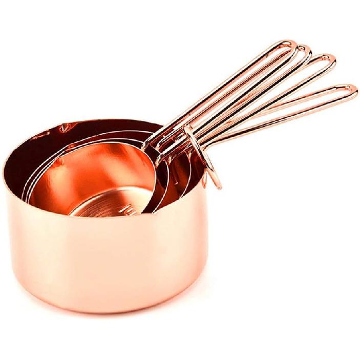 Copper Stainless Steel Measuring Cups and Spoons Set of 8 Engraved Measurements, Pouring Spouts & Mirror Polished for Baking and Cooking Include