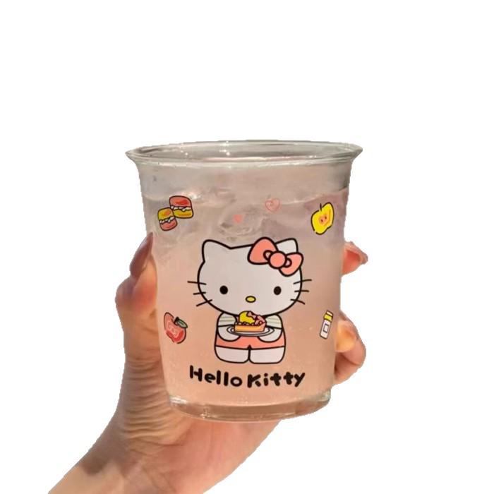 Hello Kitty INS Style Glass Cup: Cute Cat Girly Heart Design for Home, Office, Iced Drinks, and Coffee