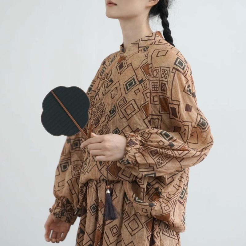 Johnature Women Vintage Shirts Plaid Stand Bat Sleeve Blouses Spring Button Chinese Style Loose Button Shirts