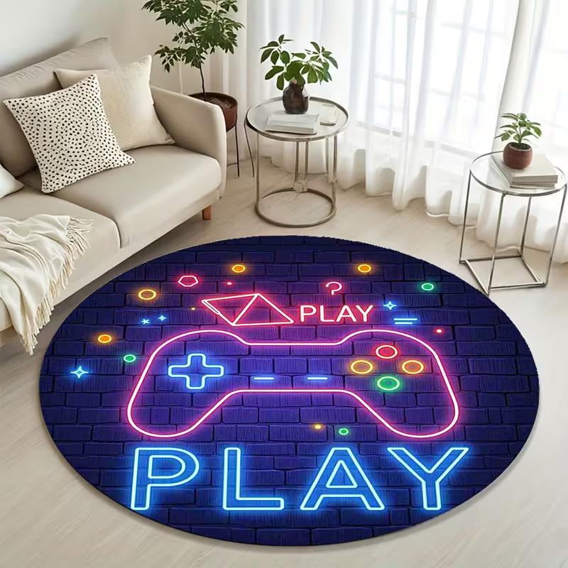 Neoninis žaidimų pultas Apvalus kilimėlis Minkštas neslystantis "PLAY" Neono raštas Grindų kilimėlis Spalvingas žaidimų kilimas berniukams paaugliams miegamojo žaidimų kambariui