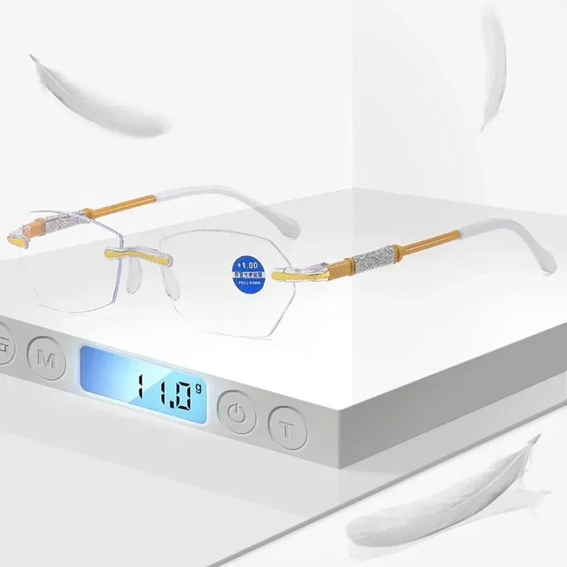 New Rimless Diamond Cutting Presbyopic Glasses Ladies Anti Blue Light Ultra Light Reading Glasses +1.0+1.5+2.0+2.5+3.0+3.5+4.0