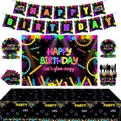 Neon Lights Dance Party Luminous Theme Disposable Tableware Let's Glow Birthday Party Plates Paper Cups Flag Pulling Supplies
