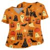 Women's Halloween Print V Neck Medical Scrub Top with Pockets Side Slits Short Sleeve Nurse Uniform Shirt for Healthcare Professionals