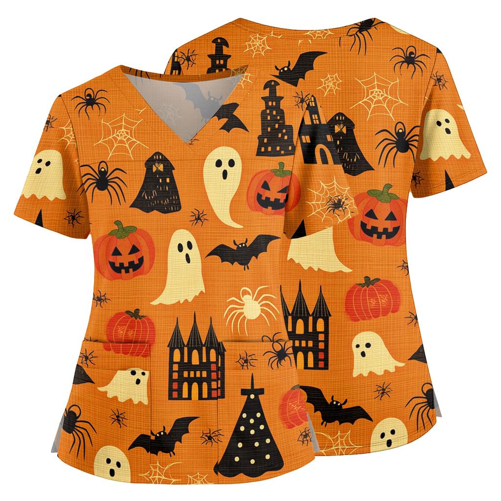 Women's Halloween Print V Neck Medical Scrub Top with Pockets Side Slits Short Sleeve Nurse Uniform Shirt for Healthcare Professionals