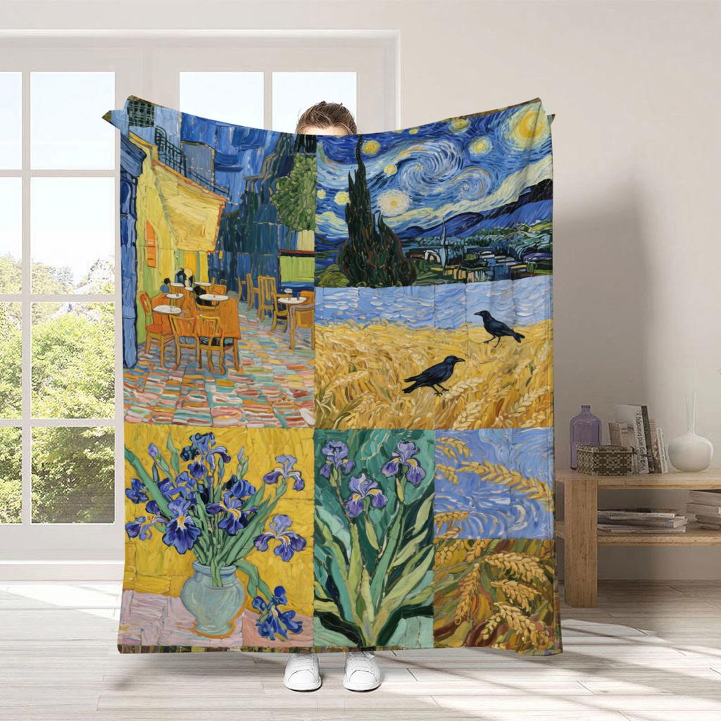 Van Gogh's Checkered Theme polyester Bedroom velvet flannel soft sofa cover blanket Fleece soft sofa cover blankets for beds