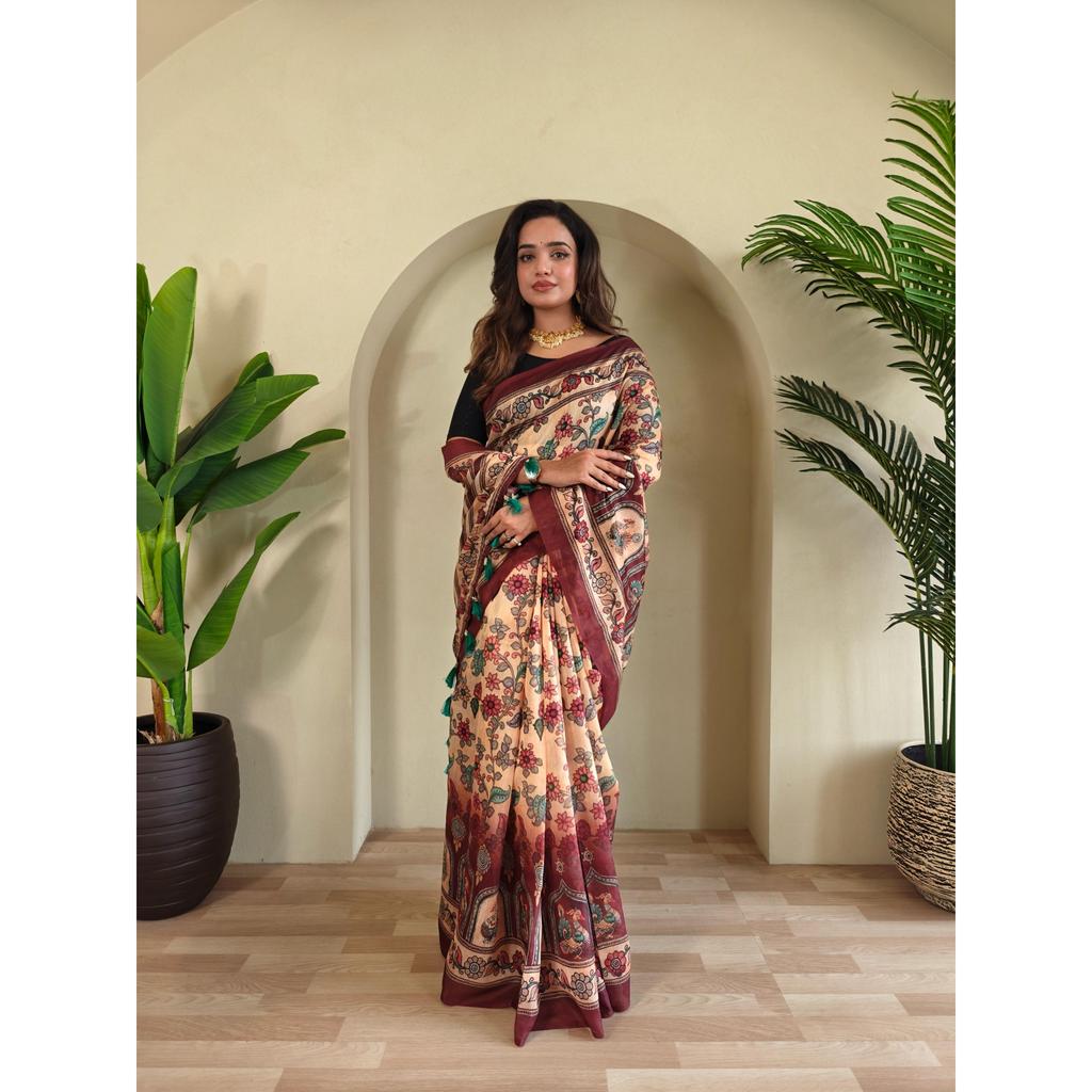 Pure Malai Cotton Saree with Big Border Digital Print Concept with Elegant Kalamkari Patterns with Contrast  Big Pallu with Tassels Attached