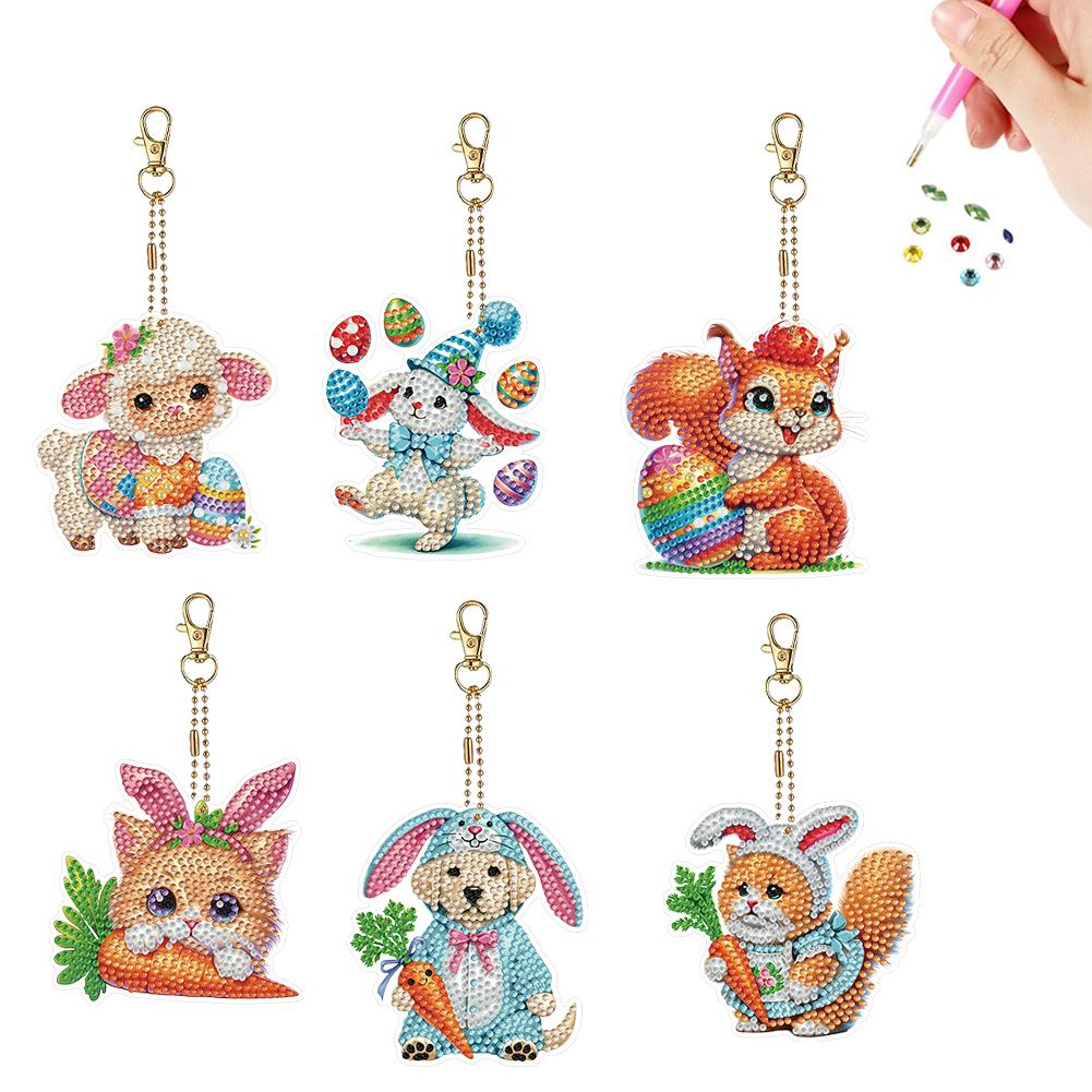 6Pcs Double Sided Special Shape Easter Animals Diamond Painting Keychain Diamond Painting Art Keychain Pendant DIY Crafts Decor