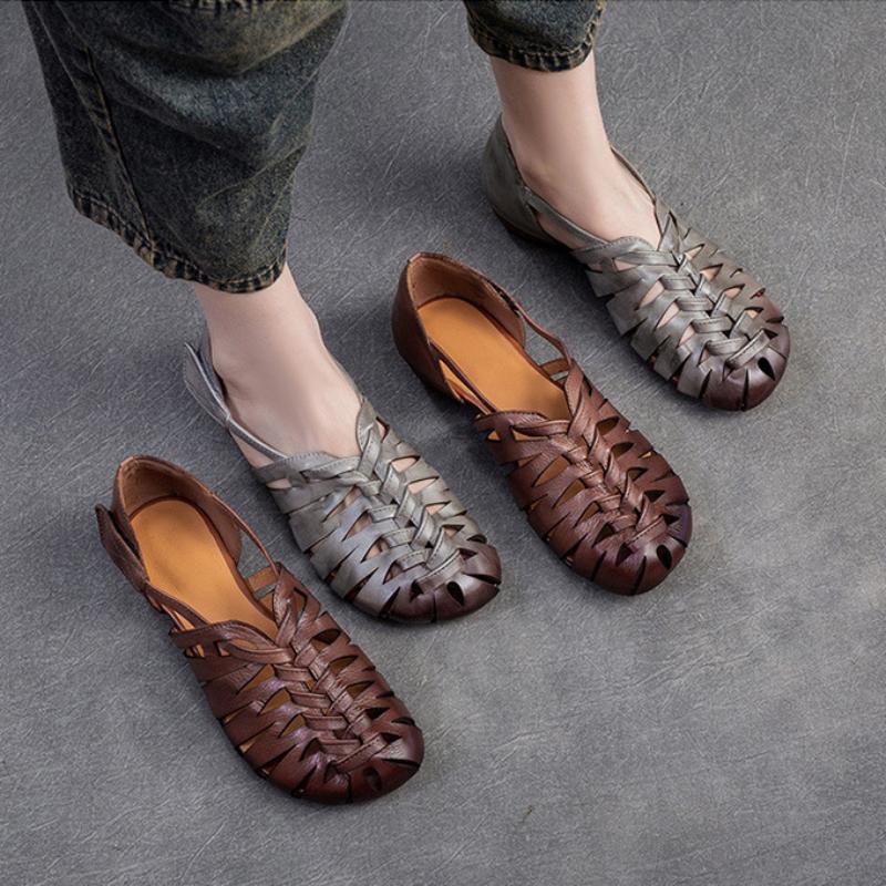 Johnature Sandali traspiranti cavi in vera pelle Scarpe da donna retrò comode e versatili
