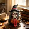 Decorative Holiday Statue Halloween Long Tongue Witch Pumpkin Ornament, Spooky Gothic Desktop Resin Farmhouse Decor Figurine, Collectible Tabletop