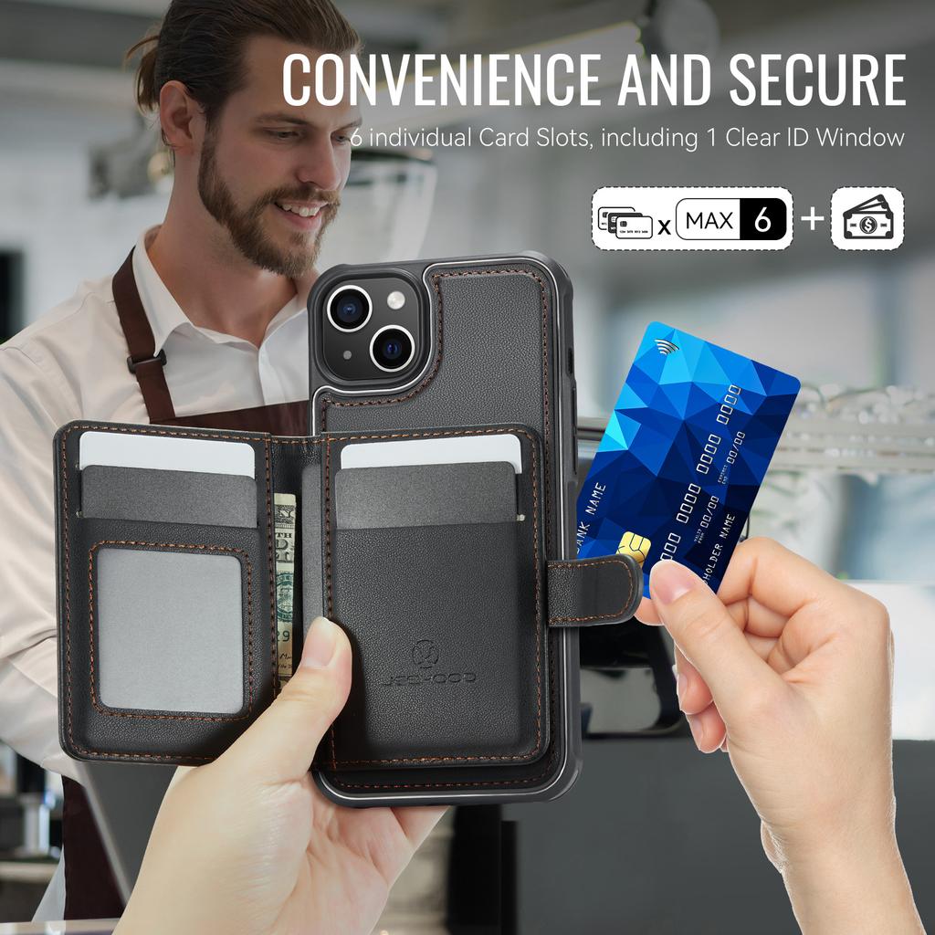 For iPhone 15 Case JEEHOOD J09 RFID Blocking Card Holder Leather Back Phone Cover Compatible with MagSafe