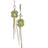 Spring/Summer Green Cat's Eye Tassel Earrings - Four-Leaf Flower Design, Anti-Loss Thread for Women