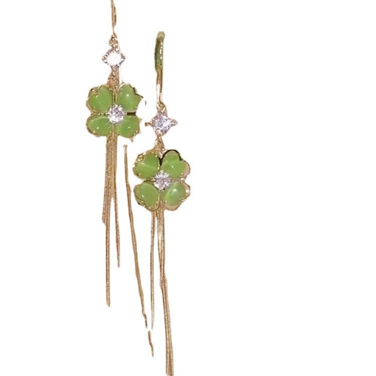 Spring/Summer Green Cat's Eye Tassel Earrings - Four-Leaf Flower Design, Anti-Loss Thread for Women