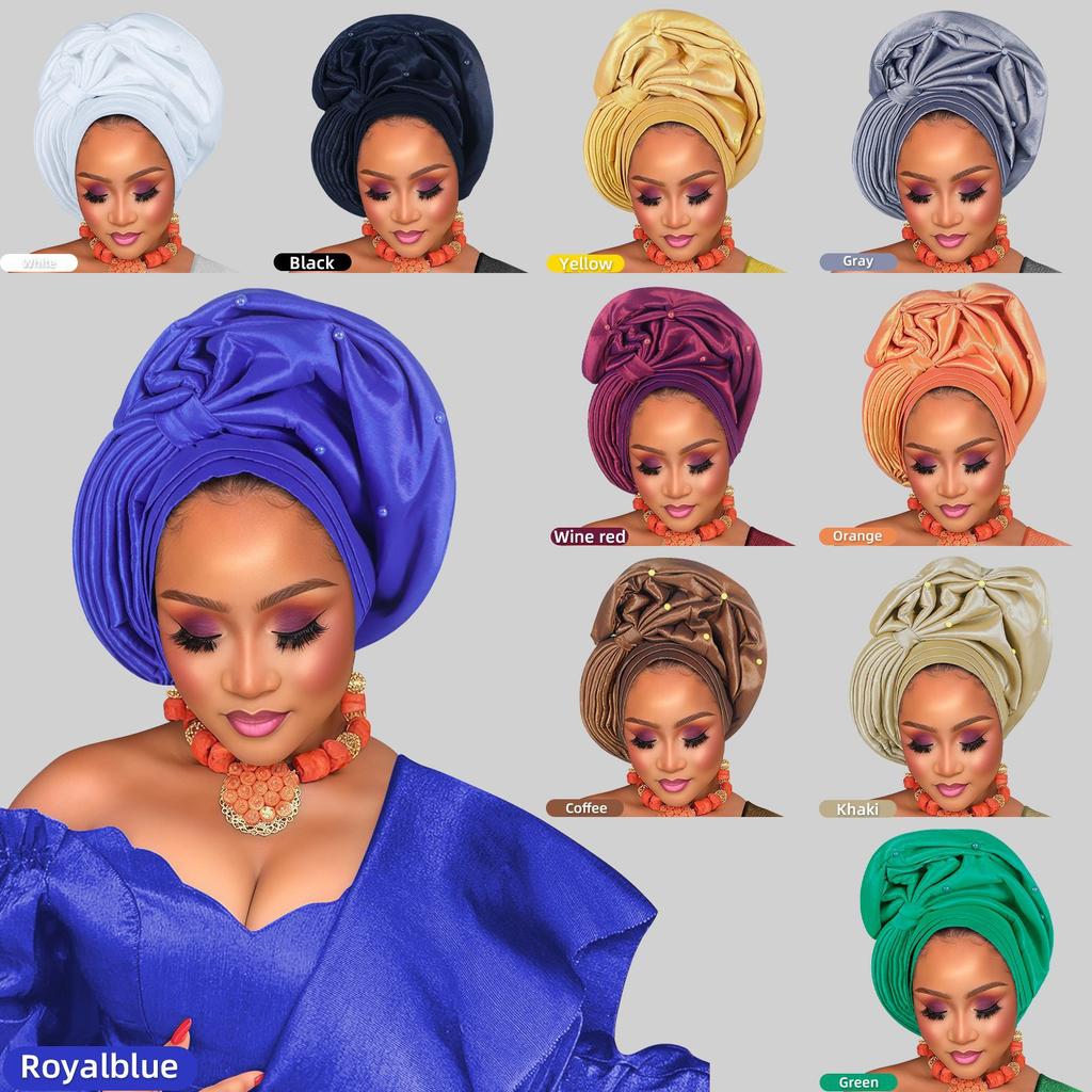 Raw Silk Turban Cap For Women African Female Head Wraps Nigeria Wedding Party Headcover Hat Ready To Wear Head Ties