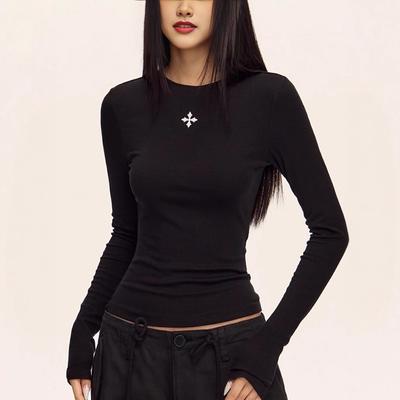 Ladies Spring Autumn Long Sleeve Crew Neck Slim Fit Basic Printed Pullover T Shirt  Top for Layering