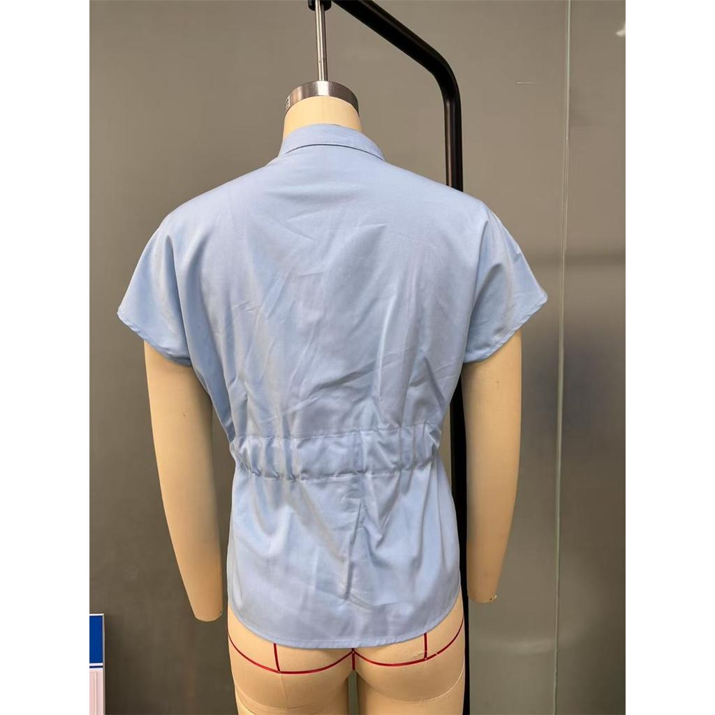 Camicie estive da donna Manica corta Chiffon Scollo a V Bottoni Elegante Cintura Camicia