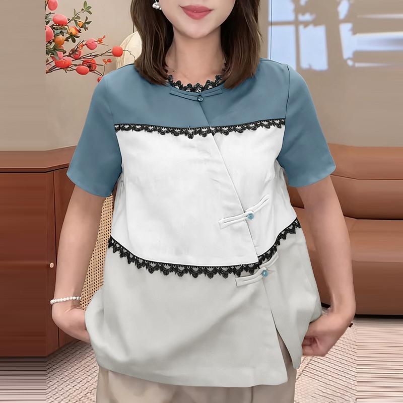 ZANZEA Women Casual Round Neck Short Sleeve Loose Patchwork Blouse