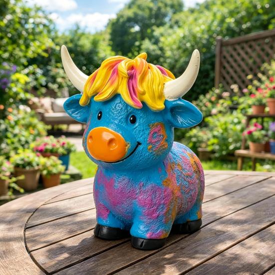 Highland Cow Figurine, Hand Painted Colorful Scottish Resin Statue, Cute Farm Animal Sculpture for Indoor Outdoor Home Garden Shelf Decor