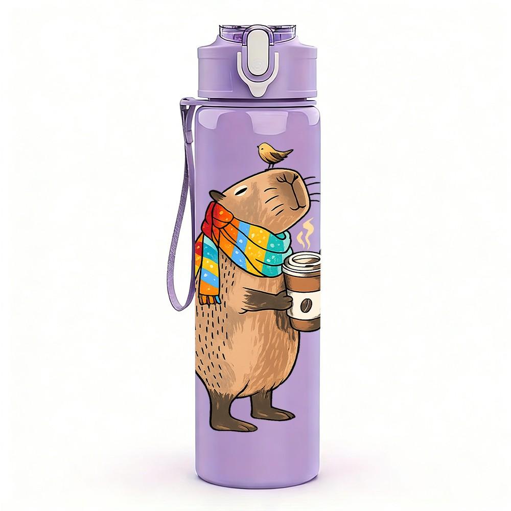 1PC Bear Drink Hot Cocoa Cartoon Print 750ml Color Plastic Sports Water Bottle Leakproof Flip Straw Lid Suitable for Sports Office Home Use