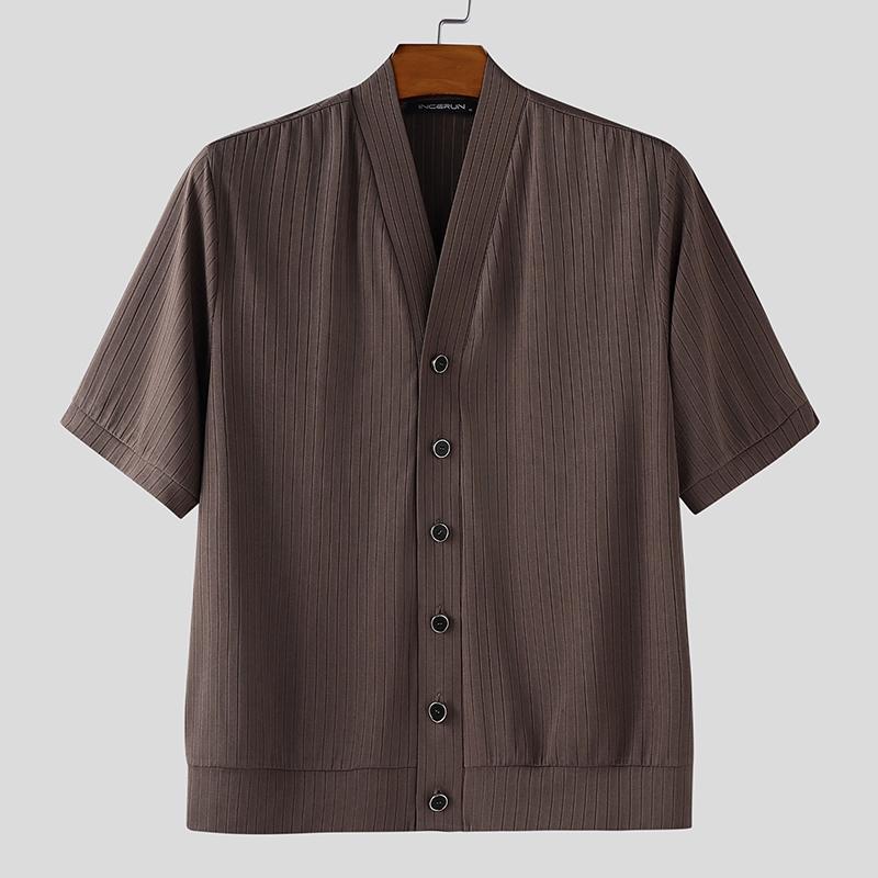

INCERUN Men Shirts Casual Collarless Short Sleeve Buttons Up Tops 4XL коричневый