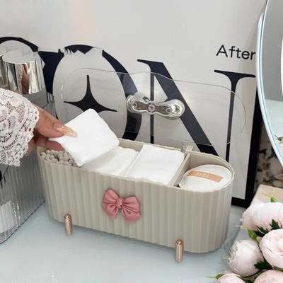 Kosmetik-Aufbewahrungsbox Niedliches Schleifendesign 3 Fächer Transparenter Deckel Geeignet für Sticks Puffs und Kosmetik Geeignet Badezimmerdekoration
