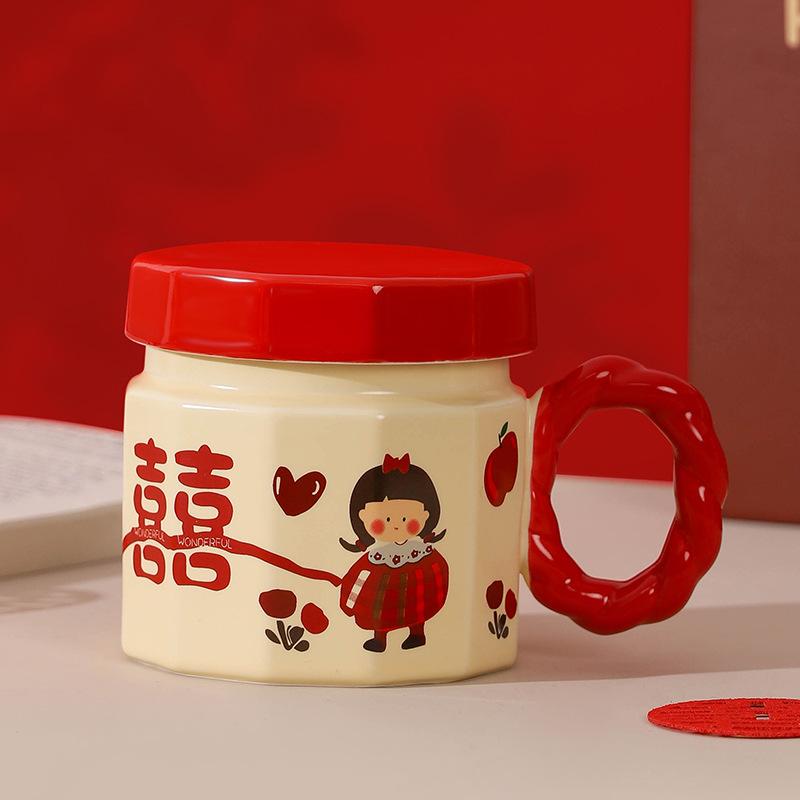 Ceramic mug souvenir, women's cup with lid, wedding gift for newlyweds, a pair of festive water cups for couples