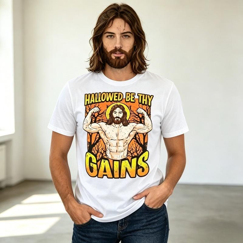 Fitness Christianisches Themen-T-Shirt Lustiges Geheiligt sei dein Muskelaufbau Jesus Druck Unisex Kurzarm Freizeit Oberteil für Fitnessstudio und Straße