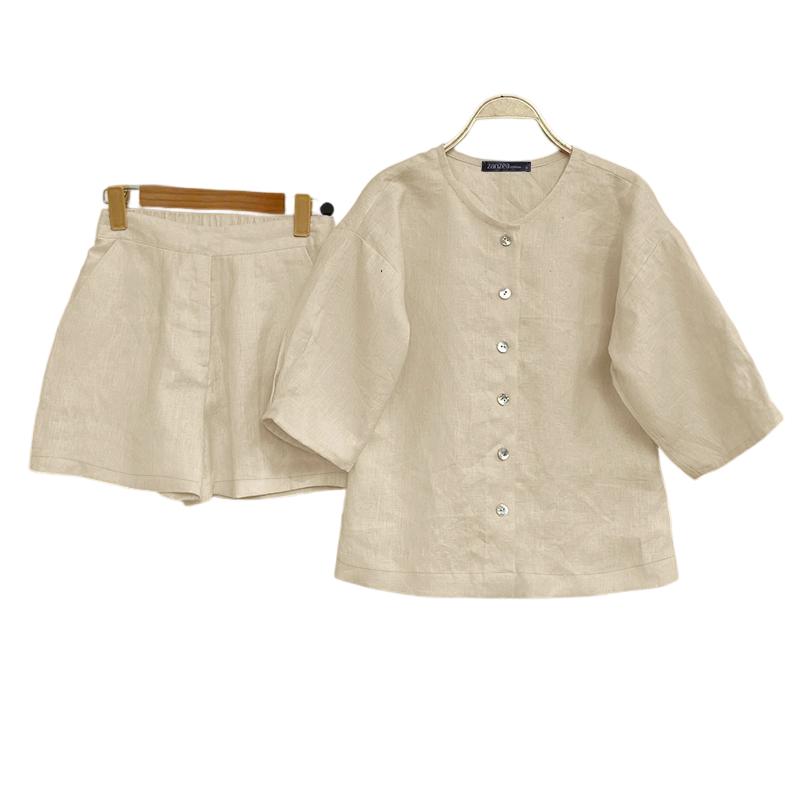 

ZANZEA Women Short Sleeve Blouse and Shirts Casual Cotton Suit Sets XL абрикосовый