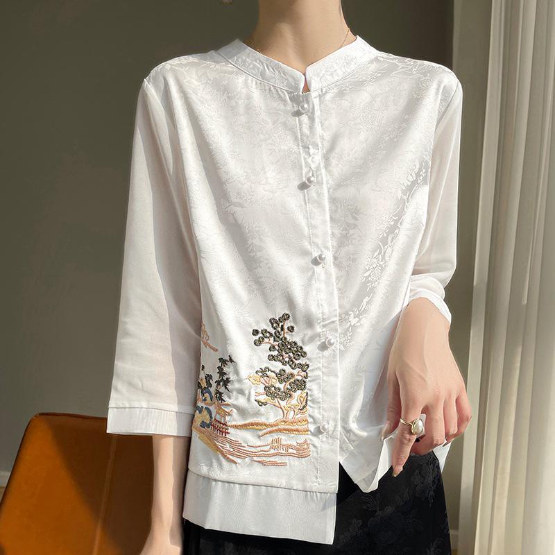 New Chinese Style Seven-Sleeve Xiangyun Yarn Jacket with Embroidered Stand Collar Faux Silk Shirt 