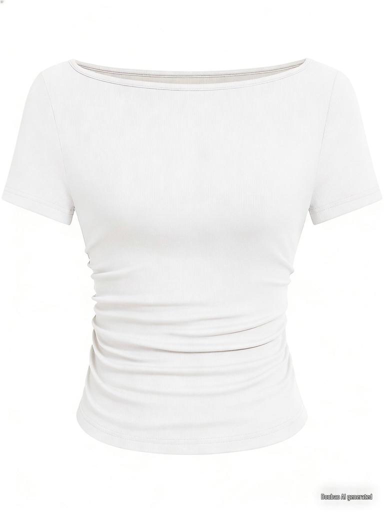 2025 Jesień Dopasowany Damski Top z Dekoltem Łódkowym, Dzwonkowym Rękawem i Marszczeniami - Jednolity Kolor, Długi Rękaw