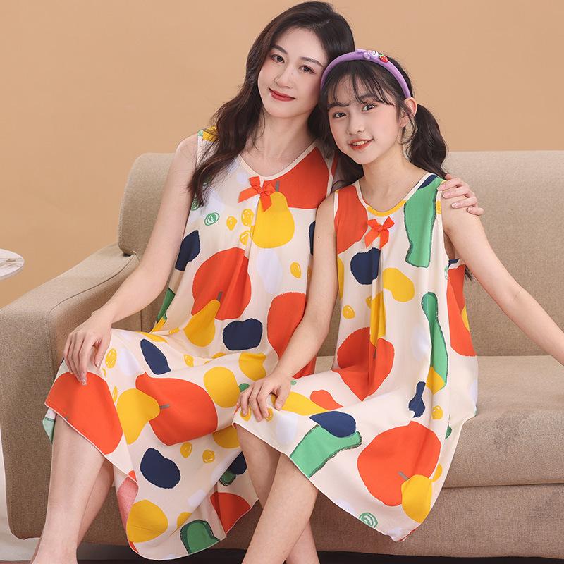 Mother-Daughter Cotton Silk Sleeveless Nightgown for Girls: Wide Shoulder Home Dress