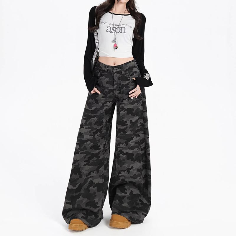 Women's High Waist Denim Pants Wide Leg Loose Fit Casual Camo Cargo Trousers