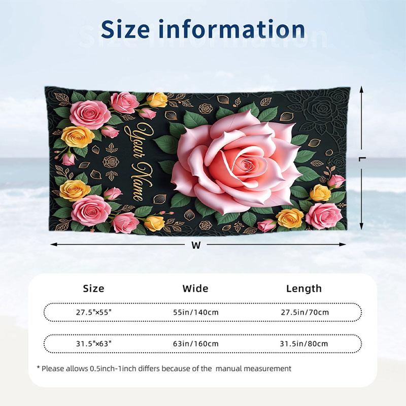 Roses Elegance 4 Theme Quick Dry Beach Towel Custom Name Text Print Large Sand Resistant Towel Beach Vacation