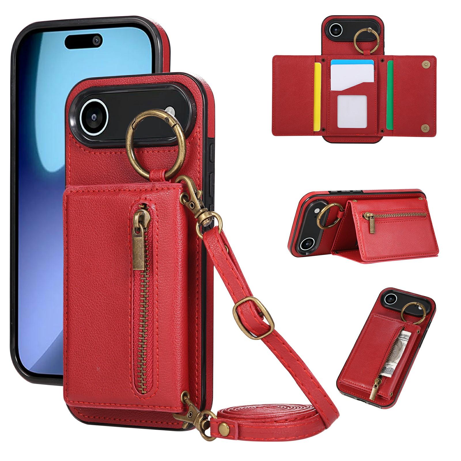

For iPhone 17 Air Leather Back Cover Zipper Wallet Kickstand Phone Case with Shoulder Strap Red