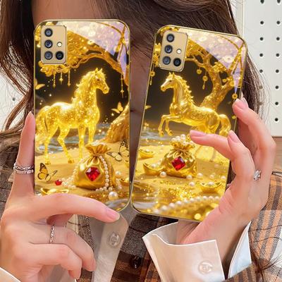 Złoty Koń Bojowy Dla Samsunga A 01 52S 04 05S 10 12 13 22 23 24 36 42 M02 Note 10 20Ultra 8 9 Złoty szklany pokrowiec na telefon
