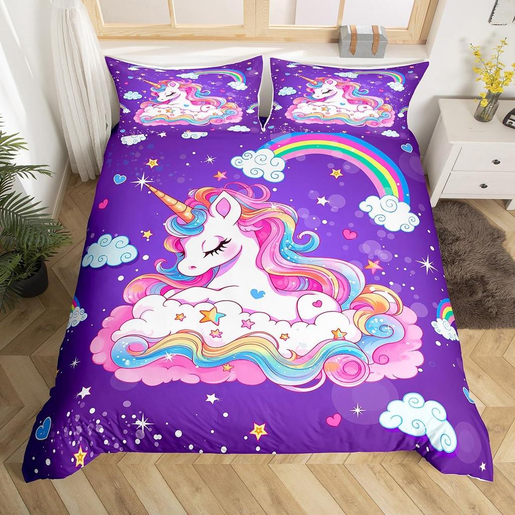 Cartoon Unicorn Duvet Cover Floral Rainbow Quilt Cover Microfiber 3D Girl's Eyelash Bedding Set Full For Kids Teen Kawaii Room