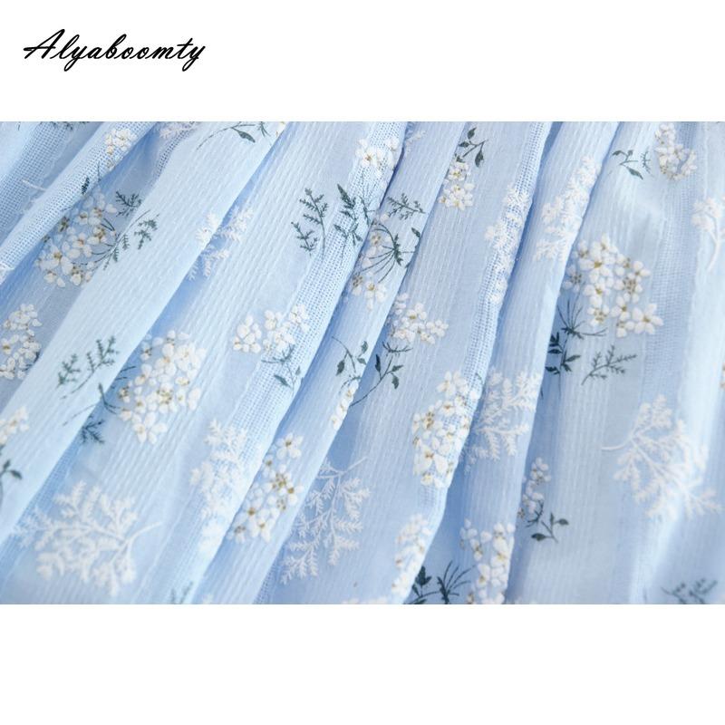 Japanese Mori Girl Spring Summer Women Blue Floral Skirt High Waist Print Elegant Skirt Cotton Linen Feminine A-Line Skirt