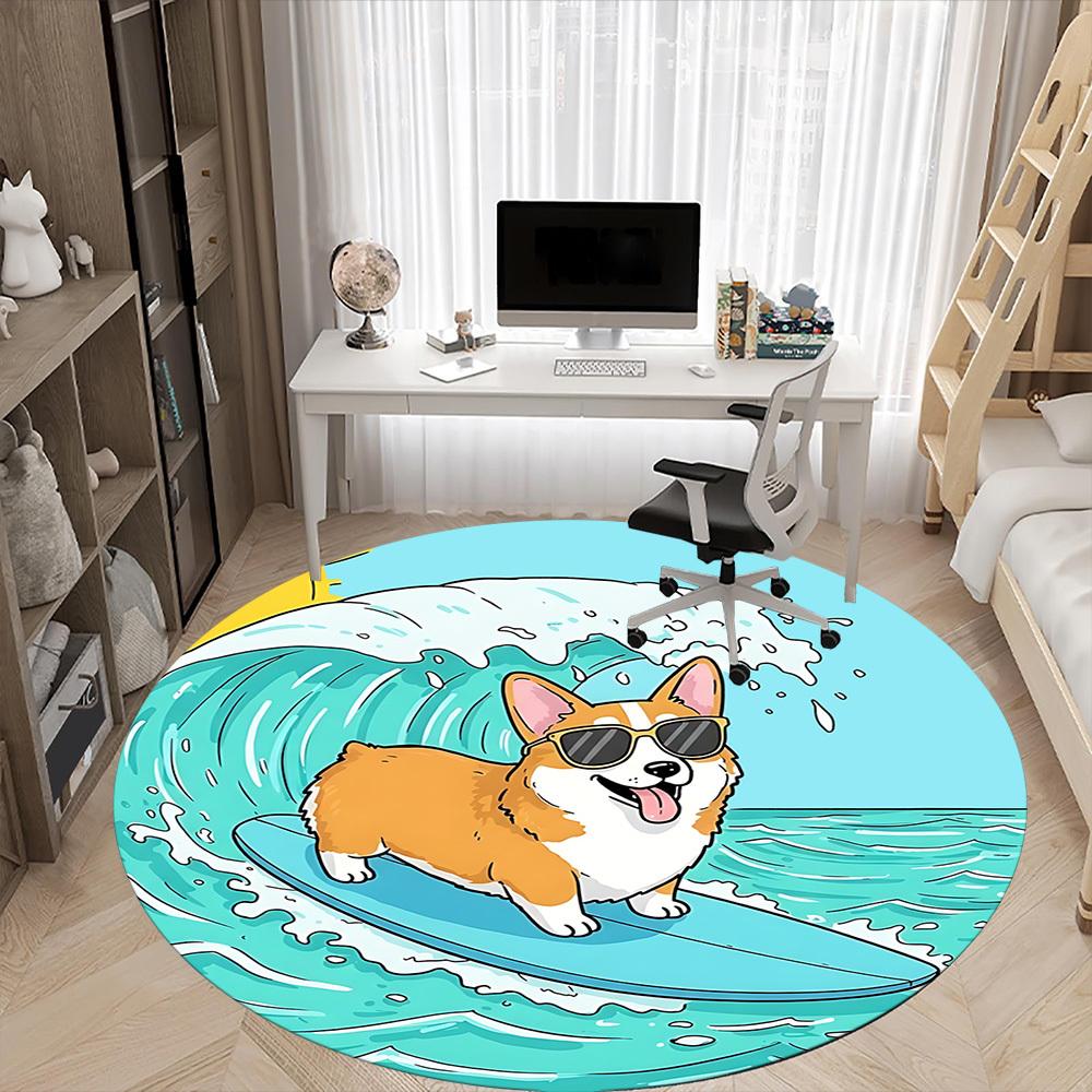 1PC Surfing Corgi Office Round Area Rug, Indoor Mat Suitable ForOffice, Under Office Chairs Bedroom Living Room Home Decor, Room Deco f008