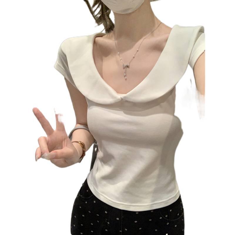 Korean Sweet Spring/Summer Slim-Fit Doll Collar Pure Cotton T-Shirt