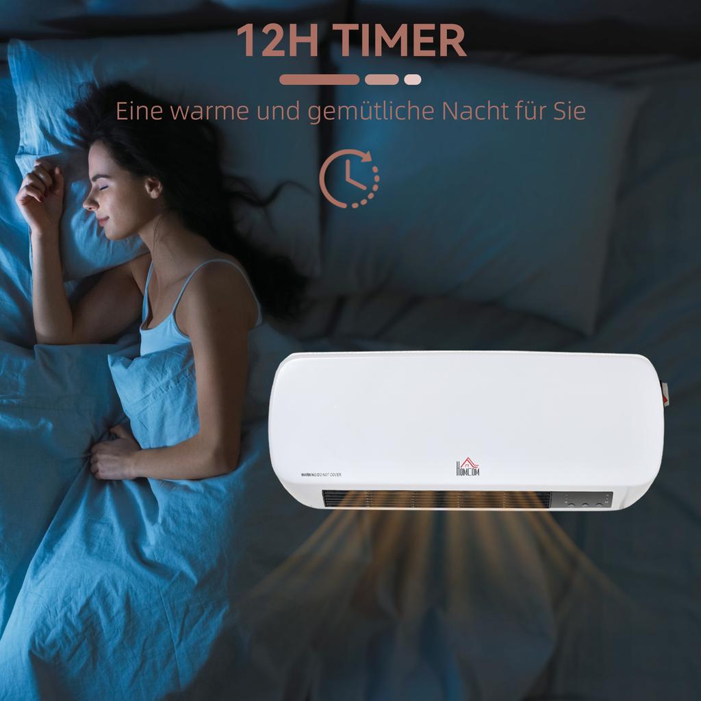 Wall-Mounted Fan Heater 2000W with Remote Control 2 Heat Modes LED Display 12h Timer for Bathroom