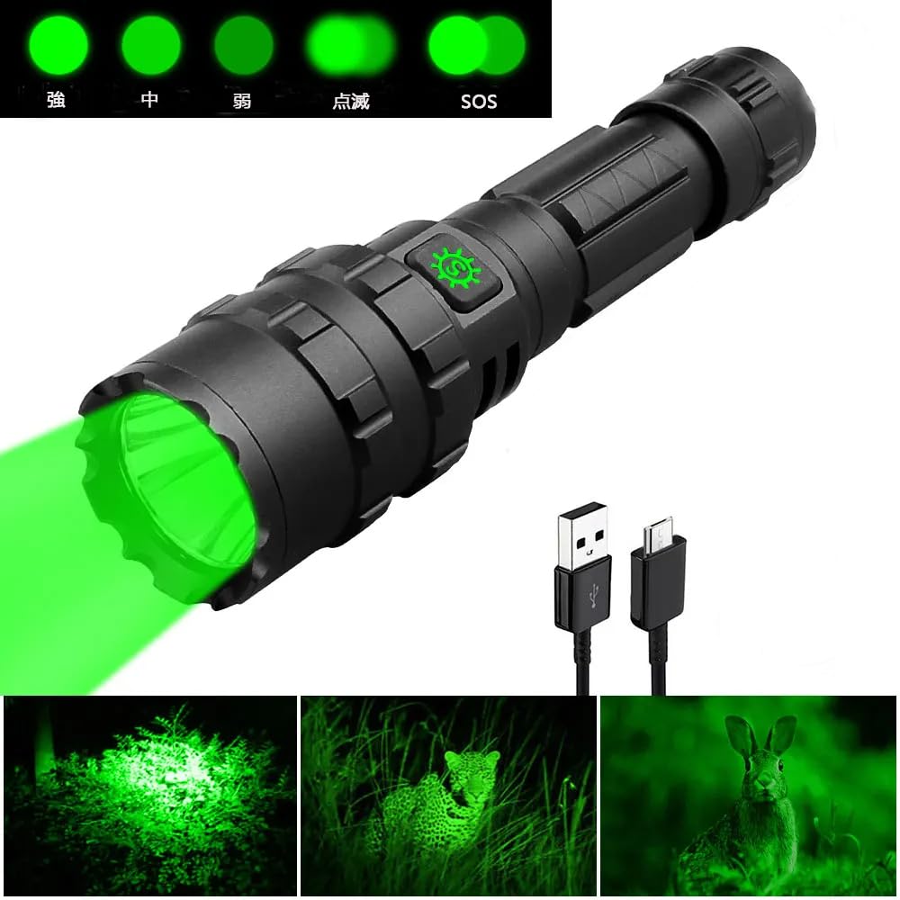 1200 Lumens Green LED Flashlight with Rotating USB 5 Lighting IPX6 Portable Green LED Lightweight and Ideal for Animal and Night Fishing