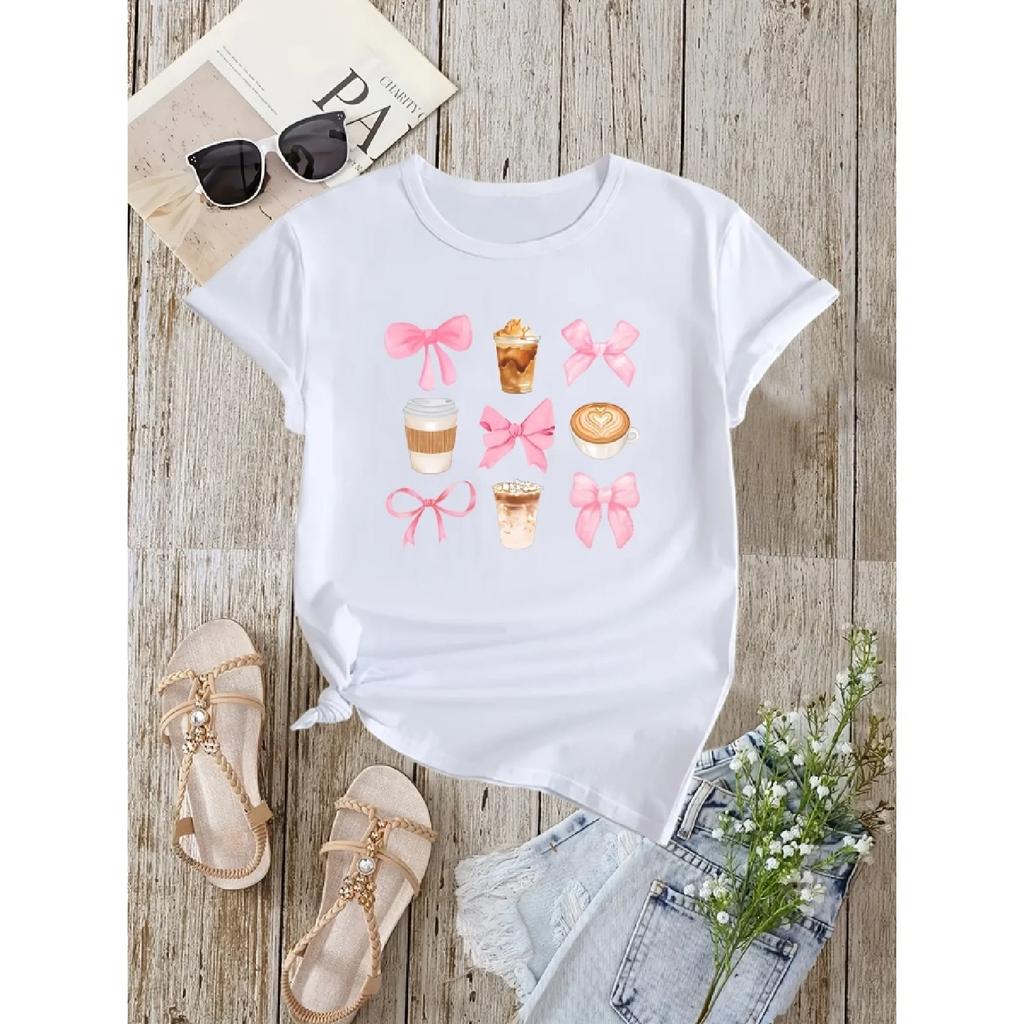 Women's Casual Short Sleeve T-Shirt Coffee Cup and Bow Print Summer Tops Breathable Playful Graphic T-Shirt Clothing Whimsical