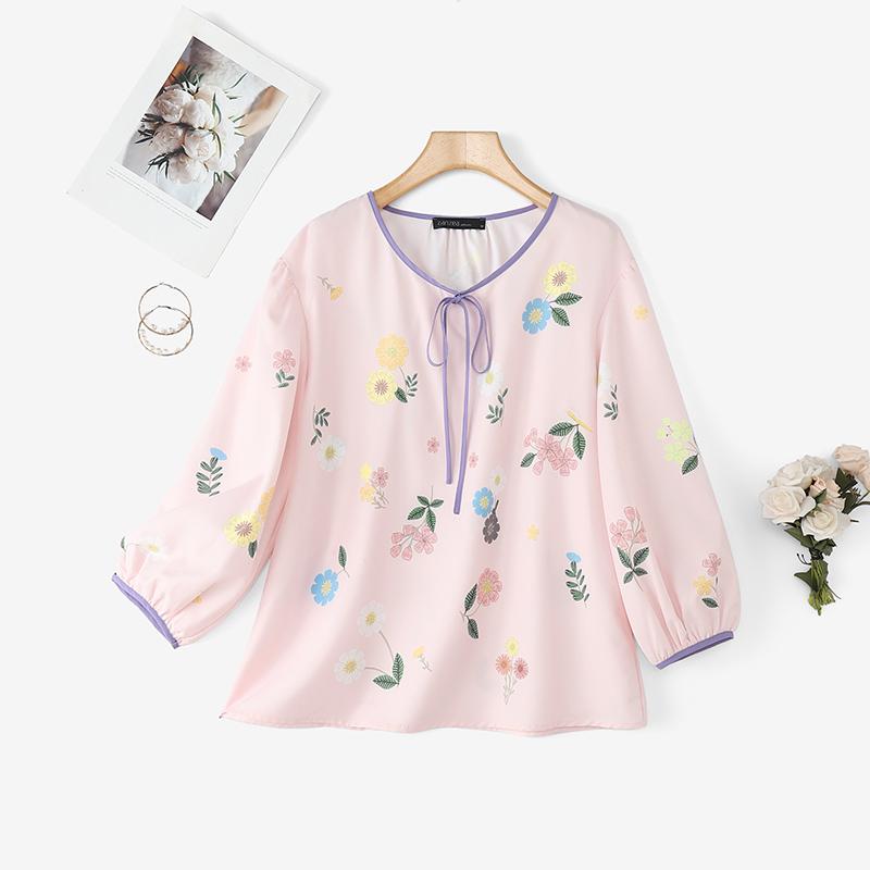 

ZANZEA Женская повседневная блузка с круглым вырезом и длинным рукавом с цветочным принтом 5XL розовый