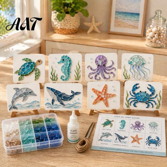 Set per Creare Decorazioni Costiere Fai da Te Mosaico Artistico con Vetro di Mare, Kit Creativo a Tema Animali Marini per Adulti Principianti, Pacchetto Materiali Fatti a Mano Casa Nautica
