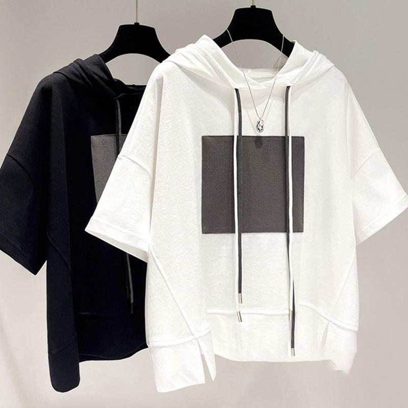 

Extra-large Korean Casual Hooded Drawstring Short-sleeved Solid Color Stitching T-shirt Ladies Summer Loose Half-sleeved Shirt 4XL чорний
