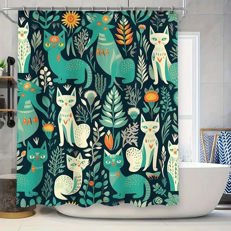 Colorful Cat Pattern Shower Curtain Blue, Green White Floral Design for Bathroom Decor Polyester Fabric Waterproof Bath Mat Set