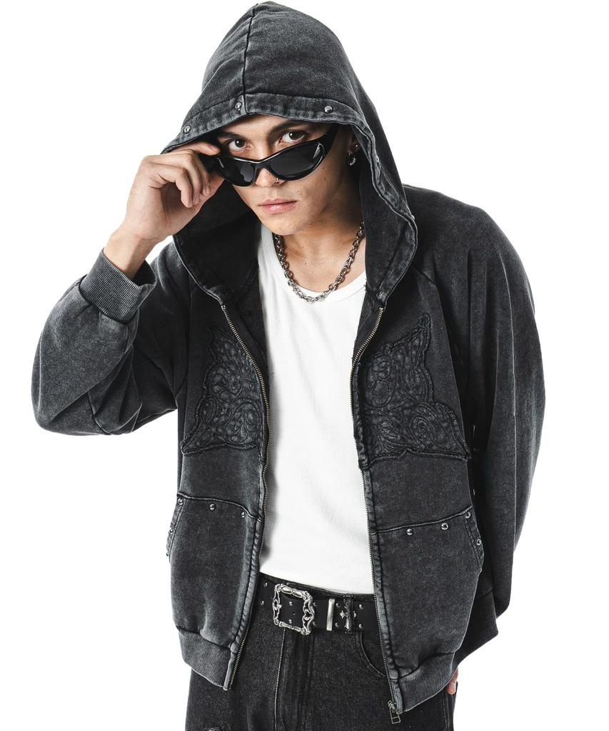 WEGO Powder Bleached Studded Zip Korean Size Sumikuro Men's Hoodie, Sweatshirt, Hooded, Autumn/Winter Clothing, Streetwear, Style, M,