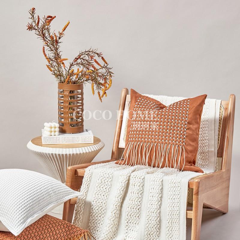 Modern Orange Leather Accent Pillow With Tassel Trim Geometric Decorative Cushion Cover Living Room Bedroom Sofa